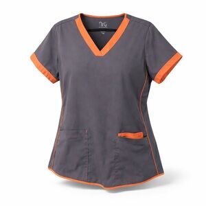 NRG by Barco Stretch Scrub Top Gray Orange Womens Large